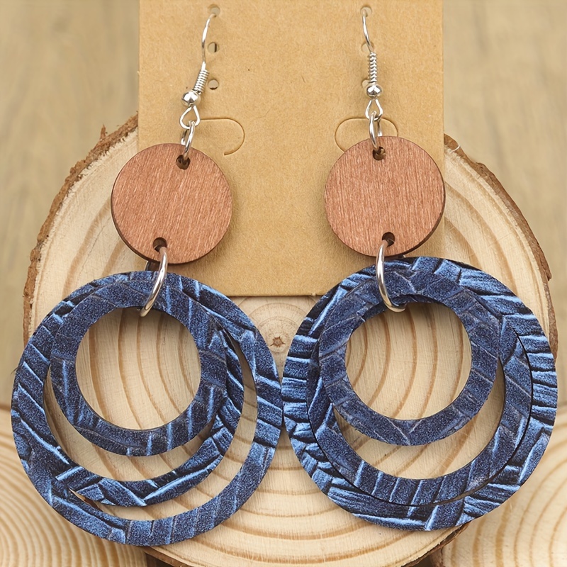 Bohemian Style PU Leather Stacked Wooden Earrings